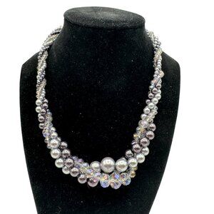 Graduated Faux Pearl Crystal Beaded Statement Necklace Shades of Purple Gray